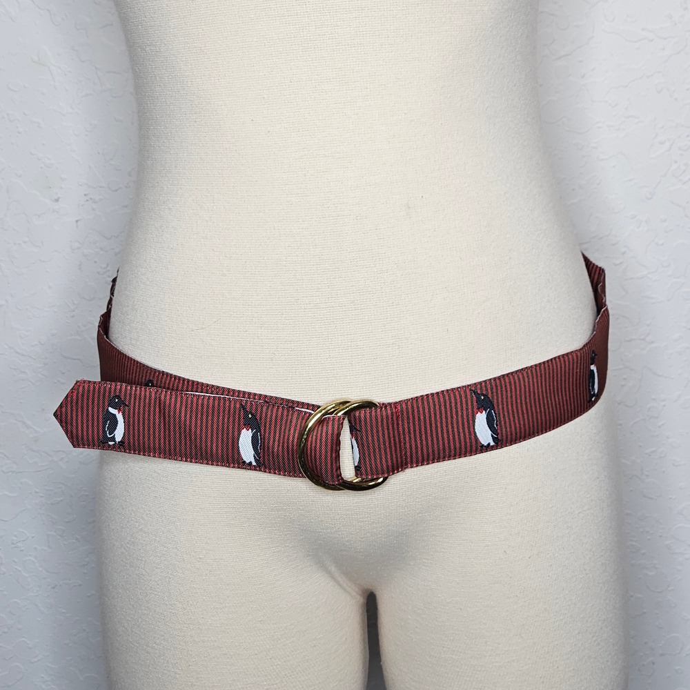 J. McLaughlin Red Navy Striped Penguin D-Ring Grosgrain Ribbon Belt Med Preppy